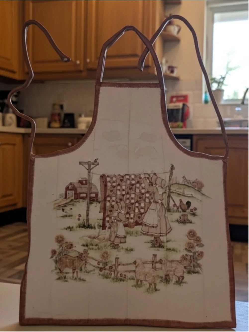 VintageCotton Bib Apron Adjustable Neck Strap Blue White Striped Farm Scene